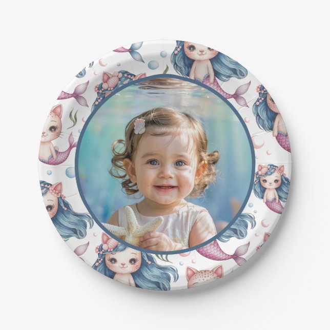 Plato De Papel Cumpleaños de Sirena Foto Personalizada (Anverso)