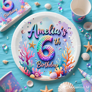 Plato De Papel Cumpleaños de Sirena Personalizado - Fiesta Bajo e