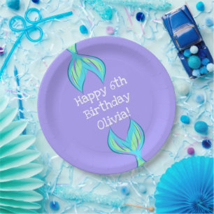 Plato De Papel Cumpleaños de Sirena Personalizado Púrpura