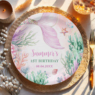 Plato De Papel Cumpleaños de Sirena Rosa 1 año Bajo El Mar