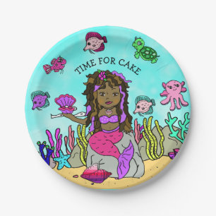 Plato De Papel Cumpleaños de Sirena Rosa Púrpura Personalizado