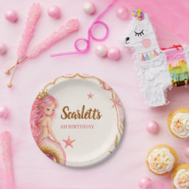Plato De Papel Cumpleaños de Sirena Rosa y Dorado