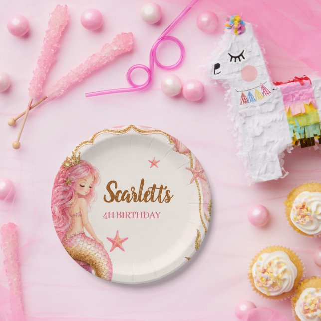 Plato De Papel Cumpleaños de Sirena Rosa y Dorado (Fiesta)