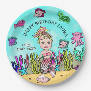 Plato De Papel Cumpleaños de Sirena Rubia Rosa Personalizado