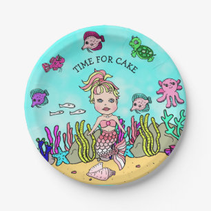 Plato De Papel Cumpleaños de Sirena Rubio Rosa Personalizado
