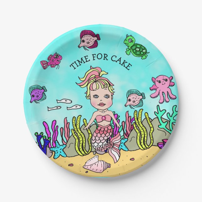 Plato De Papel Cumpleaños de Sirena Rubio Rosa Personalizado (Anverso)