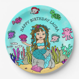 Plato De Papel Cumpleaños de Sirena Turquesa Personalizado