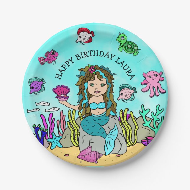 Plato De Papel Cumpleaños de Sirena Turquesa Personalizado (Anverso)