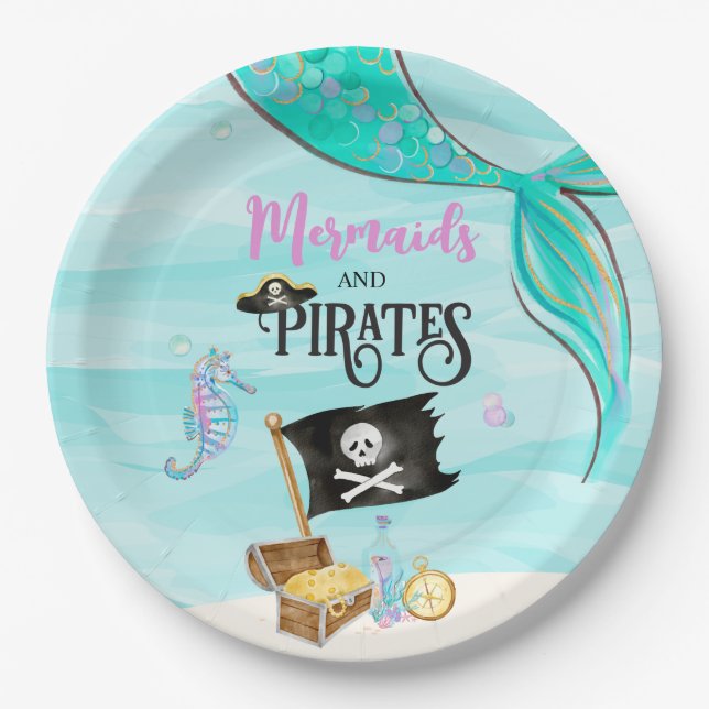 Plato De Papel Cumpleaños de Sirenas y Piratas (Anverso)