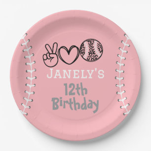 Plato De Papel Cumpleaños de Softbol Amor Paz