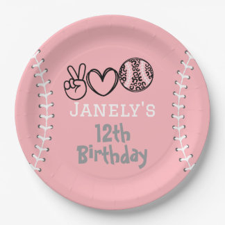 Plato De Papel Cumpleaños de Softbol Amor Paz