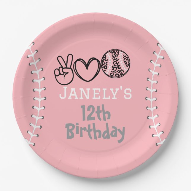 Plato De Papel Cumpleaños de Softbol Amor Paz (Anverso)