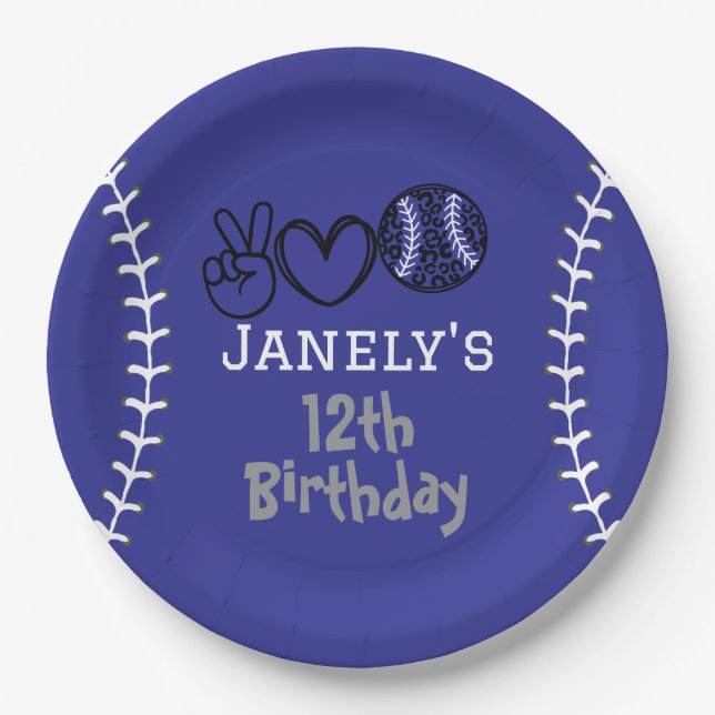 Plato De Papel Cumpleaños de Softbol Amor Paz (Anverso)