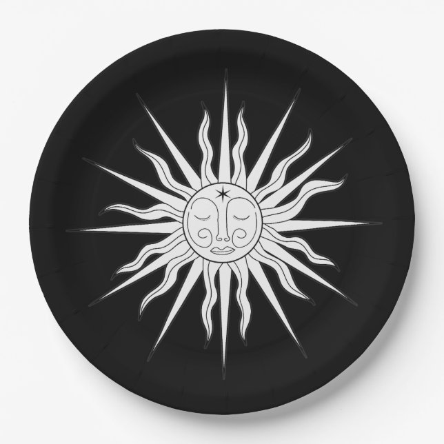 Plato De Papel Cumpleaños de Sol Caprichoso Blanco y Negro (Anverso)