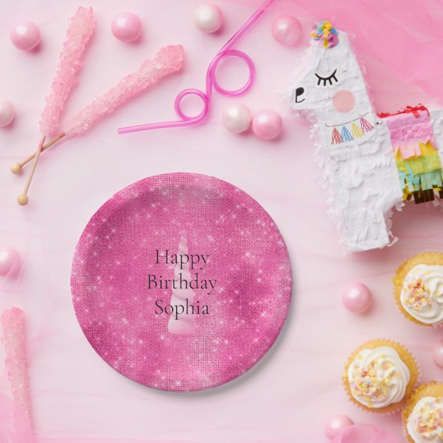 Plato De Papel Cumpleaños de Sparkle Pink Glam Unicorn (Fiesta)