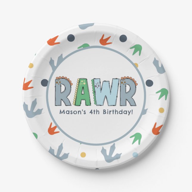 Plato De Papel Cumpleaños de Stomp Chomp Rawr Dinosaur (Anverso)
