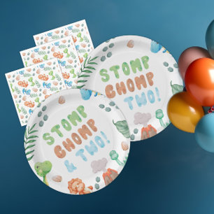Plato De Papel Cumpleaños de Stomp, Chomp y dos acuarelas de dino