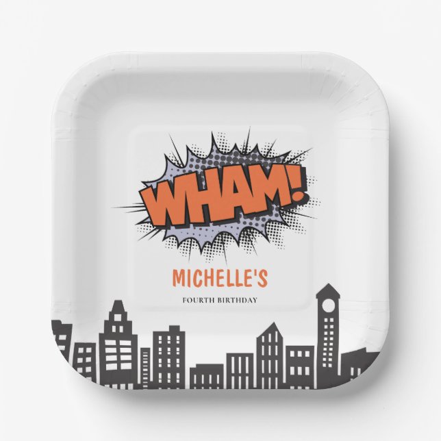 Plato De Papel Cumpleaños de superhéroe de historietas (Anverso)