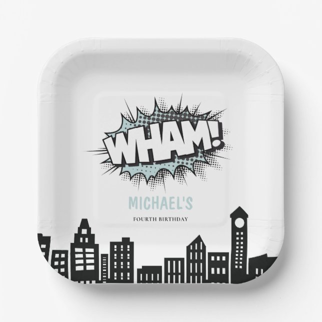 Plato De Papel Cumpleaños de superhéroe de historietas (Anverso)