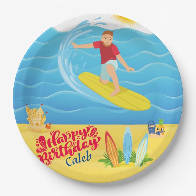 Plato De Papel Cumpleaños de surf (Anverso)