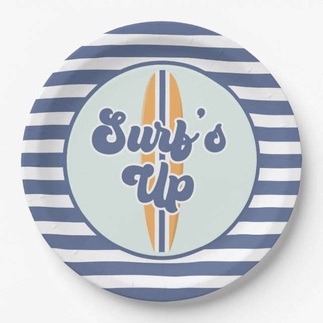 Plato De Papel Cumpleaños de Surf's Up Surfboard Beach (Anverso)