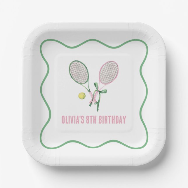 Plato De Papel Cumpleaños de tenis a cuadros preppy (Anverso)