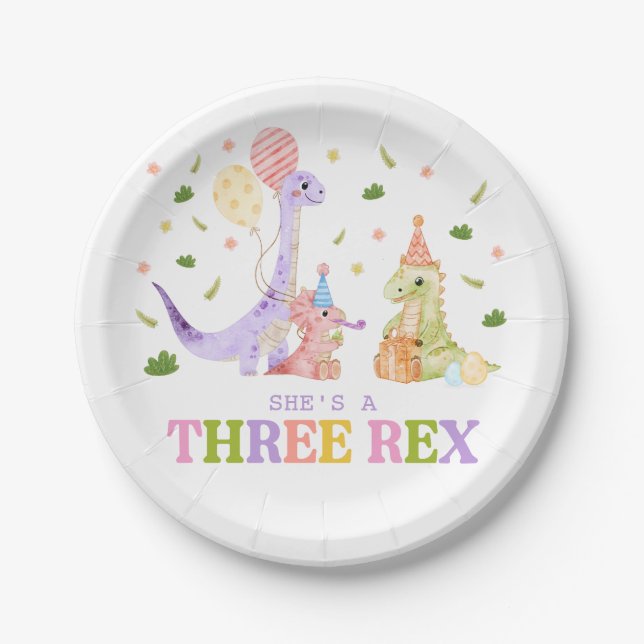 Plato De Papel Cumpleaños de tres dinosaurios Rex (Anverso)