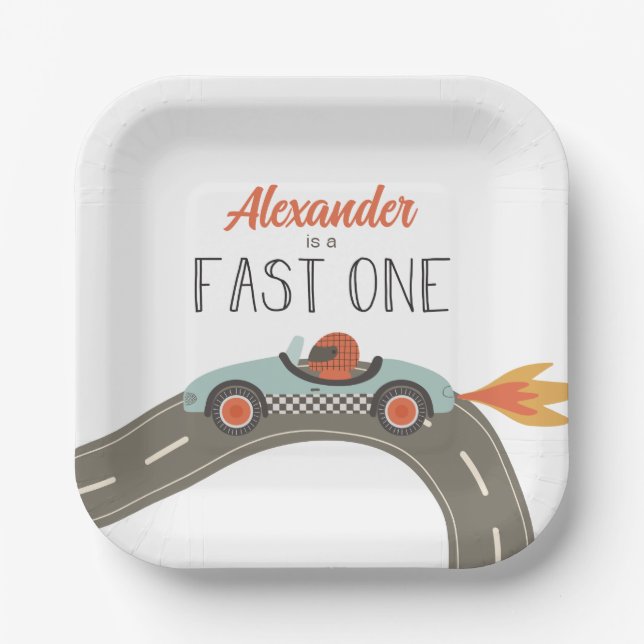 Plato De Papel Cumpleaños de un auto de carrera azul (Anverso)