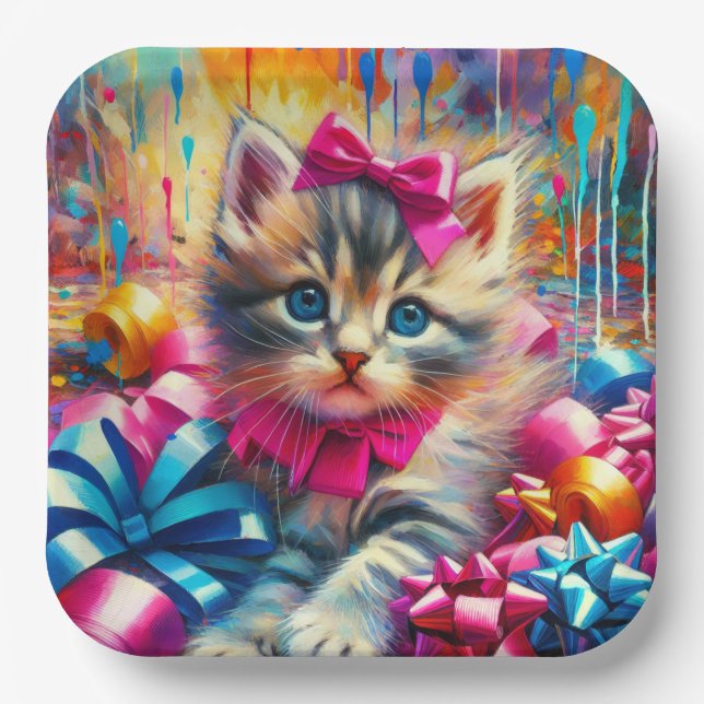 Plato De Papel Cumpleaños de un Chica Gatito Azul y Rosa (Anverso)
