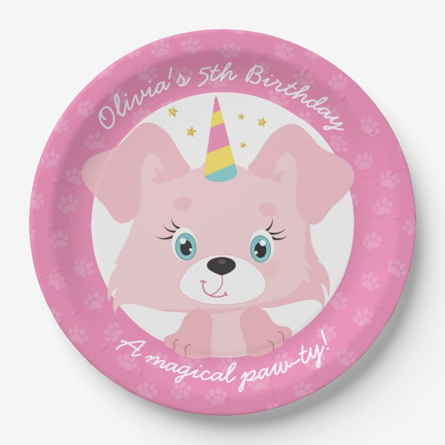 Plato De Papel Cumpleaños de Unicorn Puppy (Anverso)