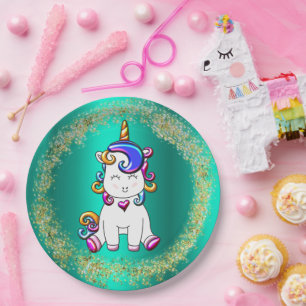 Plato De Papel Cumpleaños de Unicorn, Purpurina colorida