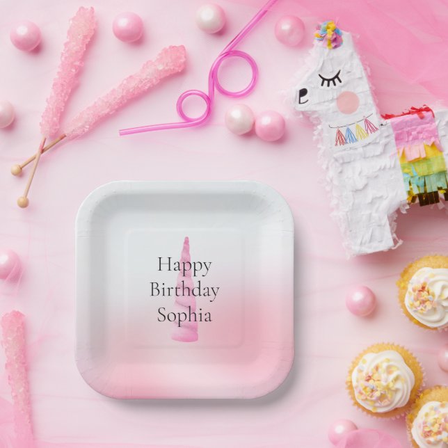 Plato De Papel Cumpleaños de Unicornio Blanco Rosa (Fiesta)