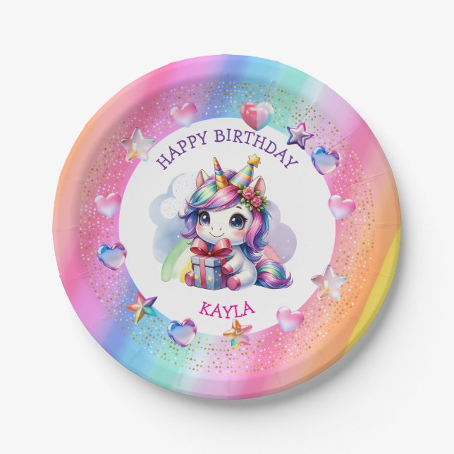 Plato De Papel Cumpleaños de Unicornio, Chica personalizado (Anverso)