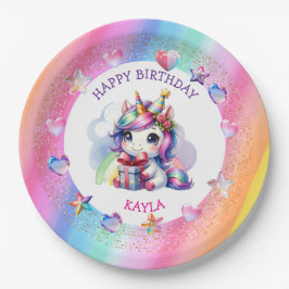 Plato De Papel Cumpleaños de Unicornio, Chica personalizado