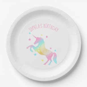 Plato De Papel Cumpleaños de Unicornio con Arcoiris personalizado