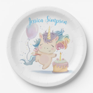 Plato De Papel cumpleaños de unicornio con pastel de papel