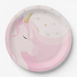 Plato De Papel Cumpleaños de Unicornio de Oro Rosa Mágico