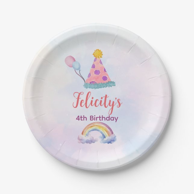 Plato De Papel Cumpleaños de Unicornio Pastel Arcoíris para cualq (Anverso)