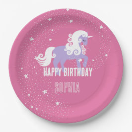 Plato De Papel Cumpleaños de Unicornio Pink Purple