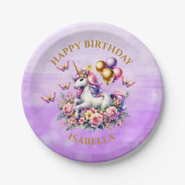 Plato De Papel Cumpleaños de Unicornio rosa, morado y dorado de b