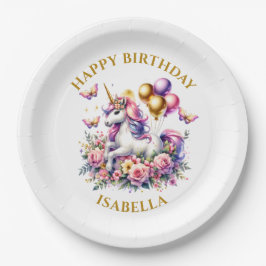 Plato De Papel Cumpleaños de Unicornio rosa, morado y dorado de b