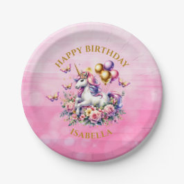 Plato De Papel Cumpleaños de Unicornio rosa, morado y dorado de b