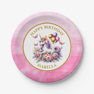 Plato De Papel Cumpleaños de Unicornio Rosa, Púrpura y Dorado 