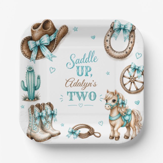 Plato De Papel Cumpleaños de vaquera occidental con caballo de ni (Anverso)