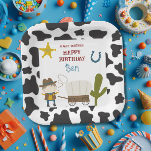 Plato De Papel Cumpleaños de vaquero con estampado de vaca linda