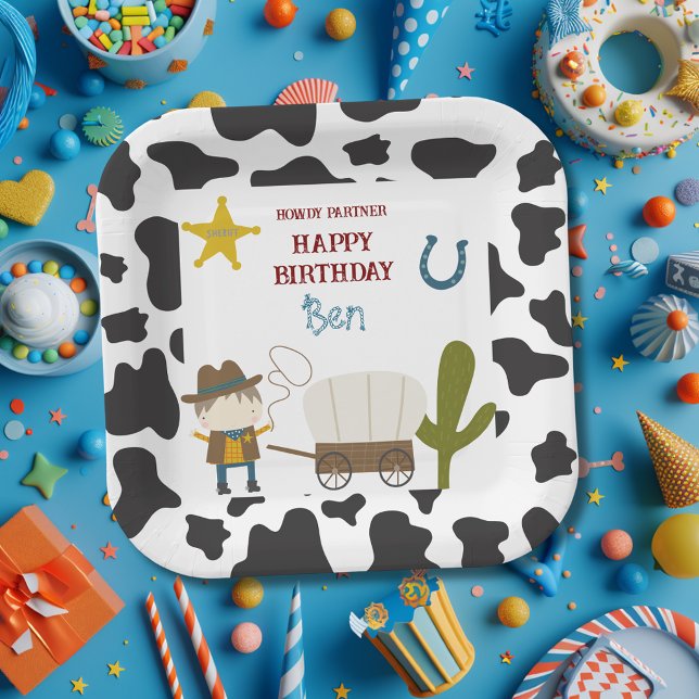 Plato De Papel Cumpleaños de vaquero con estampado de vaca linda (Subido por el creador)