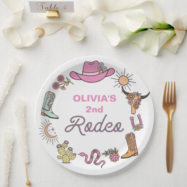 Plato De Papel Cumpleaños de vaquero occidental rosa de rodeo (Boda)
