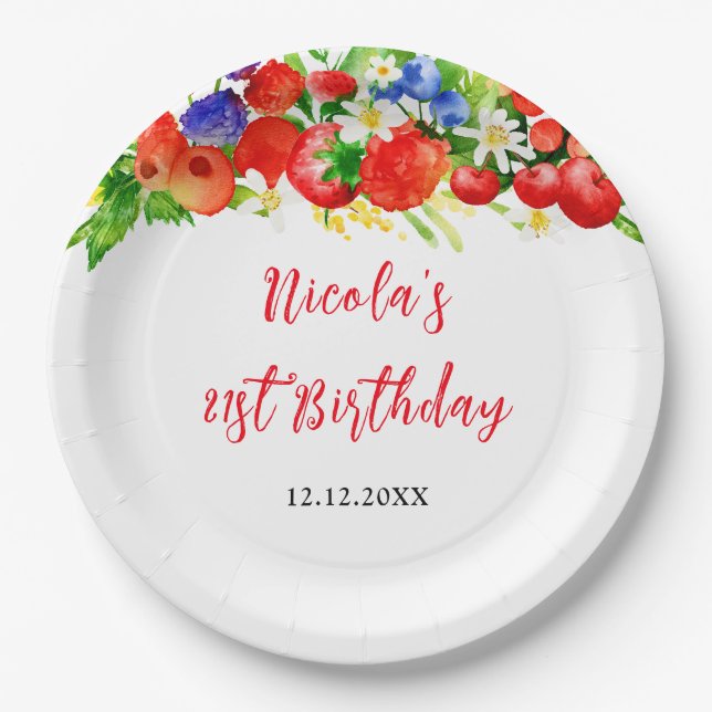 Plato De Papel Cumpleaños de Verano con Frutas Rojizas (Anverso)