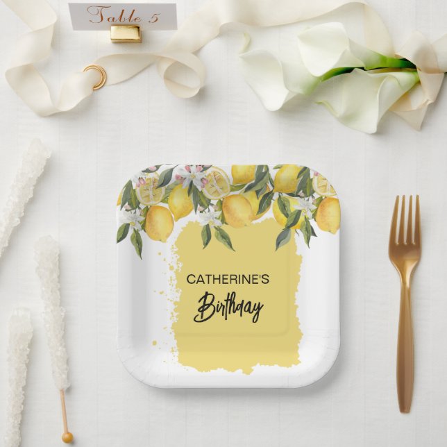Plato De Papel Cumpleaños de verano de limón botánico (Boda)