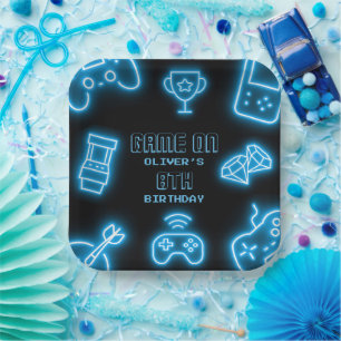 Plato De Papel Cumpleaños de videojuegos de cualquier año Neon